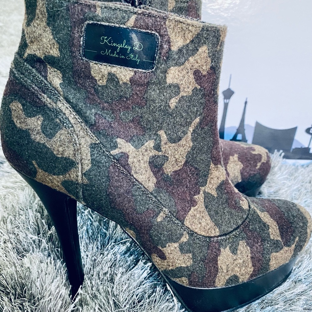 💚🤎Camo Ankle Boot Pumps✨ byKingsleyD✨Size 8✨Italian Leather NEW🤎💚
